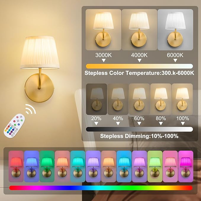 Rechargeable Wall Sconces Set of 2 - 5200mAh Cordless Battery Operated Wall Sconce - Fabric Lamp Shade - Gold Brass LED Light Fixture with Remote for Bedroom Bedside Living Room Stairway Hallway Porch