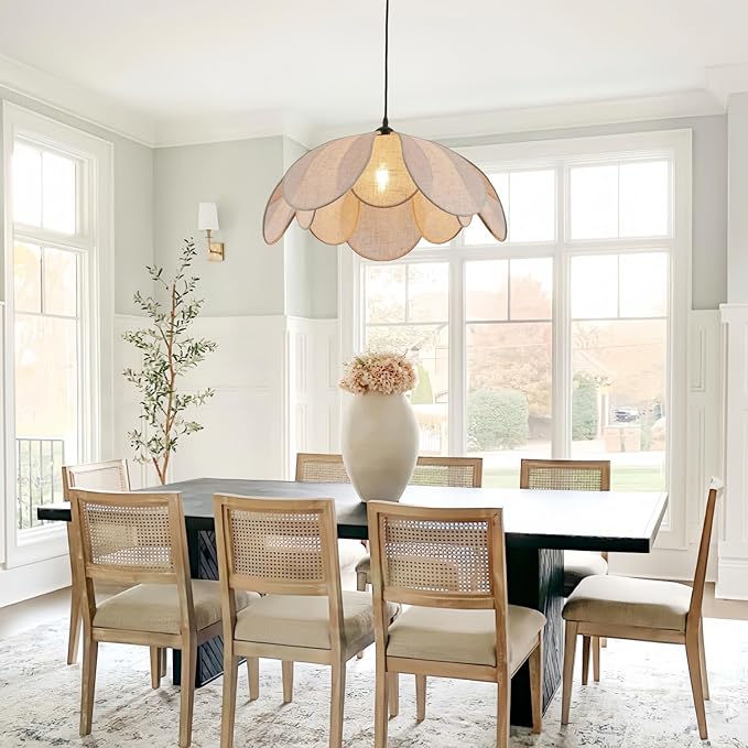 Large Linen Chandelier Fixture, 22in Boho Chandelier Light Fixture, Woven Coastal Rattan Chandelier Fixture, Wicker Hanging Pendant Lights for Dining Room, Kitchen Island, Living Room, Bedroom