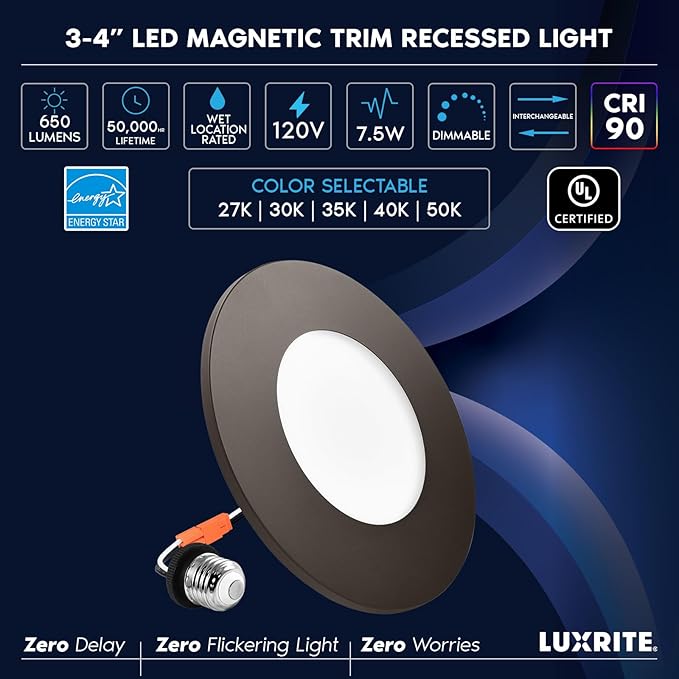 LUXRITE 3-4 Inch LED Flush Mount & Recessed Light, 7.5W, 5CCT 2700K-5000K, 650LM, Magnetic Trim, Dimmable Ceiling Can Light, Install to J-Box or 4 Inch Housing, Wet Rated, UL Listed, Bronze