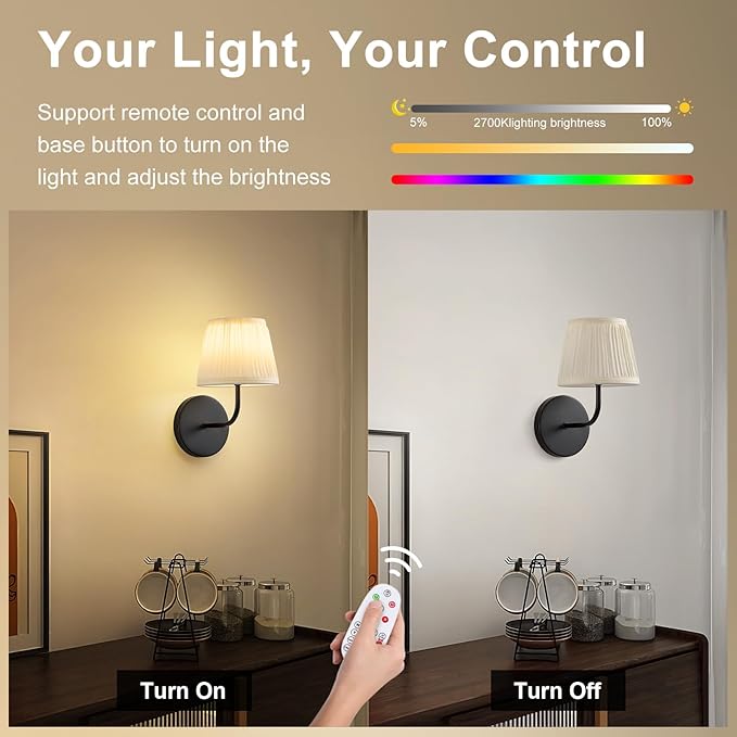 Rechargeable Wall Sconces Set of 2 - Vintage Black Cordless Battery Operated Fabric Sconce - Wireless Dimmable Led Bulb Wall Lights With Remote for Bedroom Bedside Living Room Stairway Hallway Porch