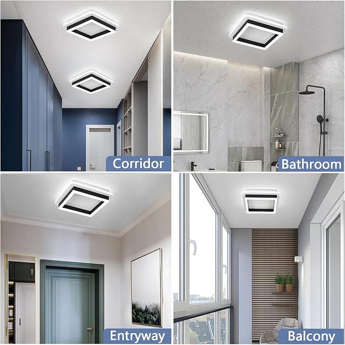 CANEOE 2 Packs Square Flush Mount Ceiling Light, 6000K Black Modern LED Ceiling Light Fixture, Minimalist Hallway Lighting Fixture Ceiling Lamp for Hallway Entryway Bedroom Balcony