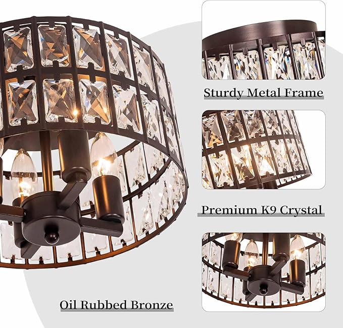 Oil Rubbed Bronze Flush Mount Ceiling Light Fixture, 4-Light Crystal Ceiling Light for Bathroom Bedroom Hallway Kitchen Light Fixtures Ceiling Mount