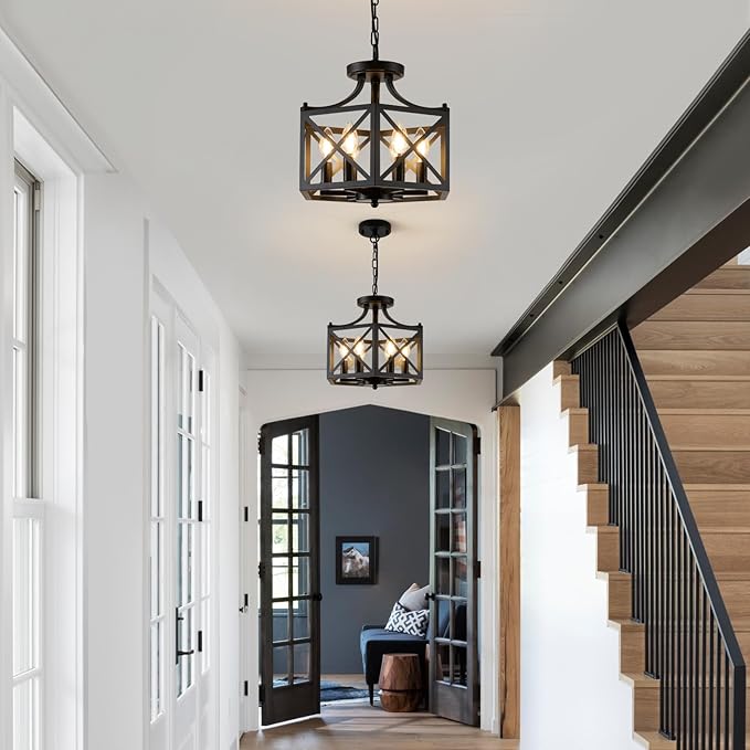 6-Light Pendant Lights Kitchen Island, Modern Black Pendant Light Fixture with Hexagonal Metal Cage, Adjustable Geometric Hanging Light for Entryway Foyer Dining Room, 1 Pack