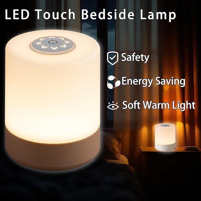 Touch Bedside Lamp, Portable Night Light, 3-Color Dimmable LED, USB Rechargeable Cordless Table Lamp for Bedroom, Nursery, Camping (A-Light-Touch)