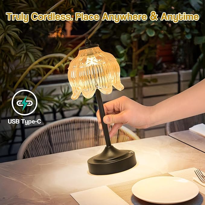 Cordless Lotus Flower Table Lamp, 5200mAh Rechargeable Battery Operated Portable Lamp, 3-Color Dimmable Touch Control Small Desk Lamp for Bedroom, Office, Kitchen, Nightstand,Room Decor(Amber-2)