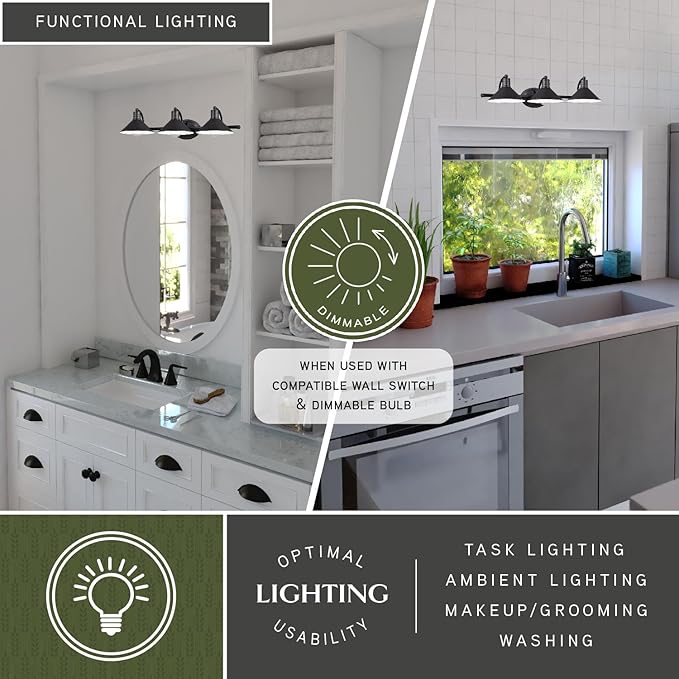 VAXCEL Akron 3-Light 28 inch Wide Oil Rubbed Bronze and Matte White Farmhouse Bathroom Vanity Lighting Fixture, Metal Shade, Dimmable, LED Compatible, Over The Mirror Mounted Steel Wall Sconce