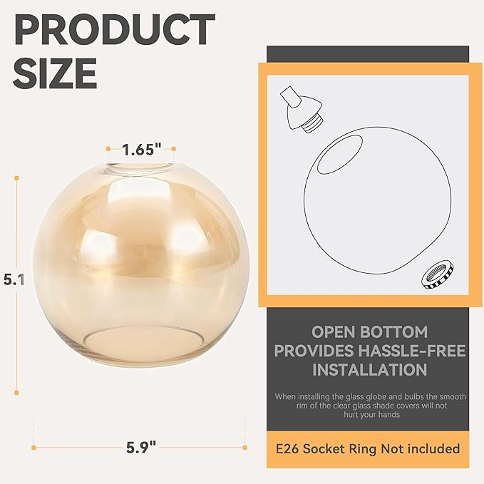 2 Pack Amber Glass Shades Globes, Glass Lamp Shade Covers Replacements, 1.65 in Fitter 5.1 in Height 5.9 in Diameter Lampshades for Light Fixtures Chandelier Wall Sconces Pendant Lights
