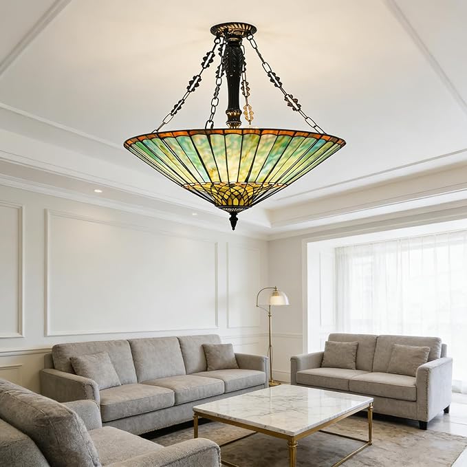 Pendant Light Fixtures, 23.62" Wide Stained Glass Inverted Antique Style Ceiling Pendant for Dining Room, 5 Lights Hanging Lamp for Living Room Kitchen Entryway