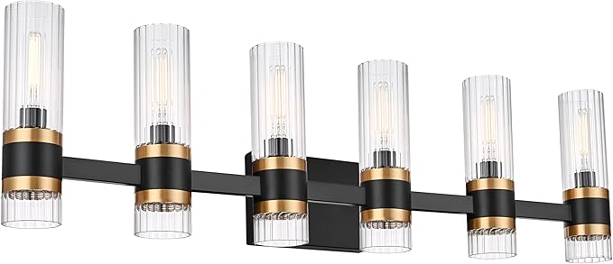 MELUCEE 6 Lights Bathroom Lighting Fixtures Over Mirror, Farmhouse Vanity Lights Matte Black Finish with Ribbed Clear Glass Shade, Metal Wall Mount Light for Bath Kitchen Living Room, E12 Base