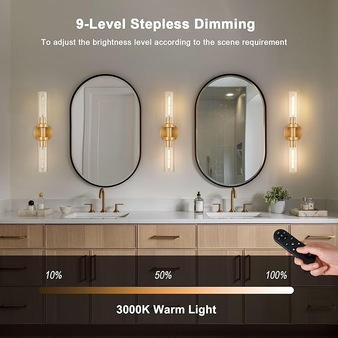 SANTOSTOCK Gold Battery Operated Wall Sconce Set of 2, 12000mAh Rechargeable Wall Lights with Remote Control, Wireless Dimmable Wall Lamps for Bedroom Living Room Bathroom Hallway Stairwell