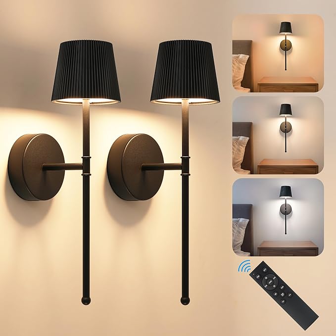 LUTEC Cordless Wall Sconces Set of 2, 5200mAh Wireless Rechargeable Battery Operated LED Wall Lamps, 3 Color Stepless Dimming Portables Lightings for Wall Painting/Living Room/Bedroom/Hallway Decor