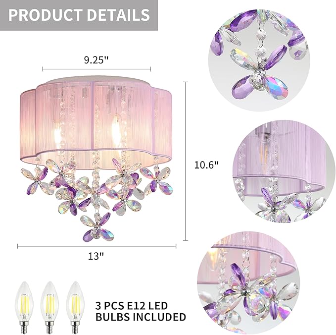 3 Light Bedroom Chandelier Ceiling Light Pink Lamp 13" Small Crystal Mini Chandelier Flush Mount Ceiling Light with Handmade Flower Lampshade for Girls' Bedroom,Closet,Nursery,Dinning Room Purple