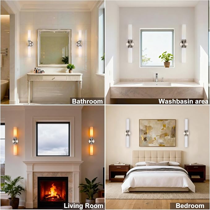 LaLuLa Brushed Nickel Vanity Lights – 2-Light Hardwired Bathroom Light Fixtures with White Glass Shades and Textured Metal Body, Chrome Wall Sconces for Over Mirror or Hallway