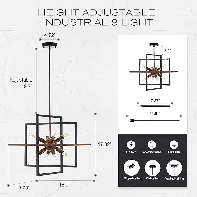 8-Light Farmhouse Sputnik Wood Pendant Light, 18.9'' Vintage Rustic Brown Wood Chandeliers,Retro Industrial Hanging Light Fixtures for Dining Room
