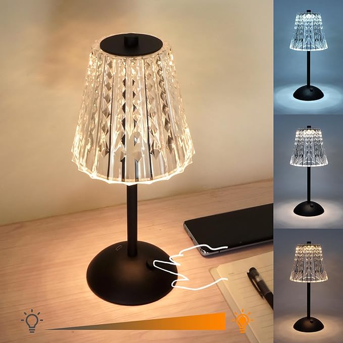 Cordless Table Lamp, 4000mAh Rechargeable Battery Operated Lamp, 3 Color Modes & Stepless Dimmable LED Touch Lamp, Portable Crystal Metal Beside Lamps for Bedroom Restaurant Outdoor(Black)