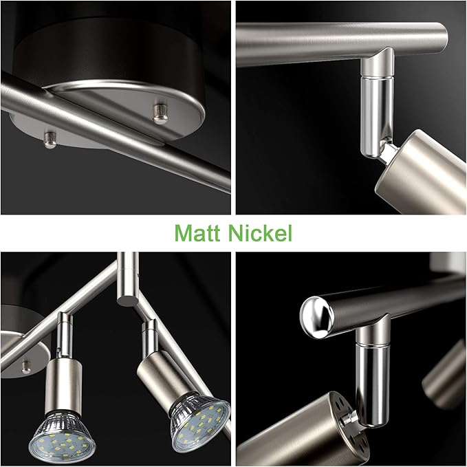 Unicozin LED 6 Light Track Lighting Kit, 46.5'' Matt Nickel 6 Way Ceiling Spot Lighting, Flexibly Rotatable Head, Modern Track Light Included 6 x LED GU10 Bulb (4W, Daylight White 5000K, 400LM)