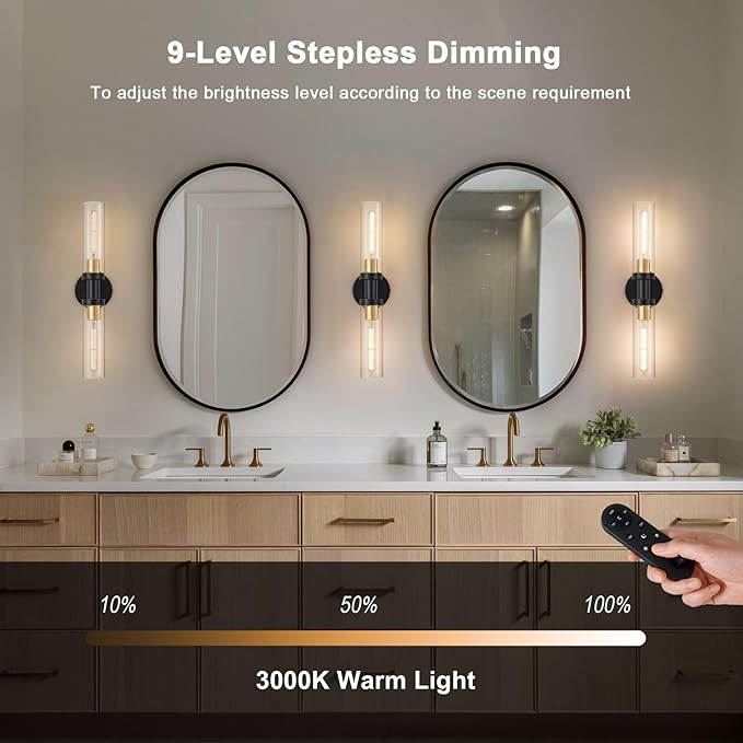 SANTOSTOCK Battery Operated Wall Sconce Set of 2, 12000mAh Rechargeable Wall Lights with Remote Control, Wireless Dimmable Wall Lamps for Bedroom Living Room Bathroom Hallway Stairwell, Black & Gold