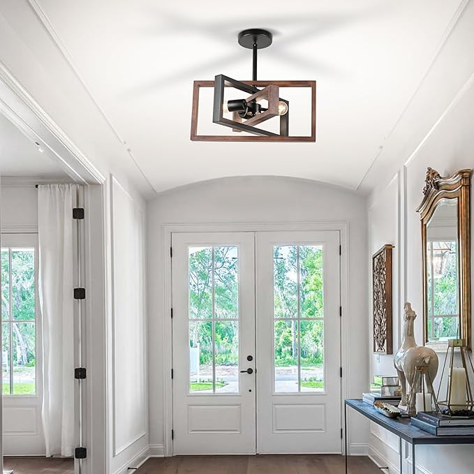 HuisMier Farmhouse 3-Light Flush Mount Ceiling Light Fixture Rustic Metal and Wood Chandelier Retro Close to Ceiling Lighting for Kitchen Entryway Hallway Bedroom Dining Room Living Room Foyer