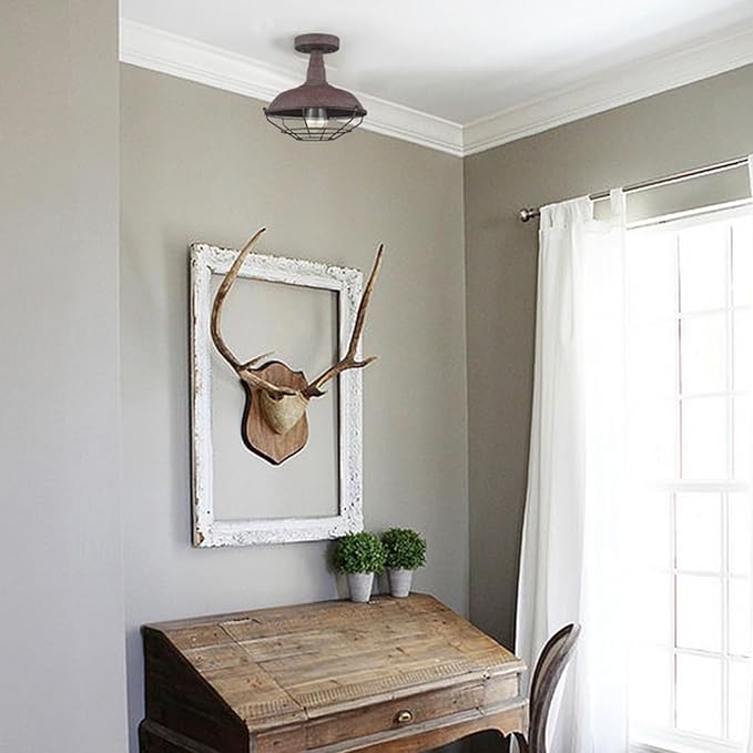 DAYCENT Rustic Semi Flush Mount Ceiling Light Barn Style Light Fixture Farmhouse Metal Cage Ceiling Light 1-Light Industrial Wire Caged Flush Mount Barn Light Rust Finish for Hallway Foyer Kitchen