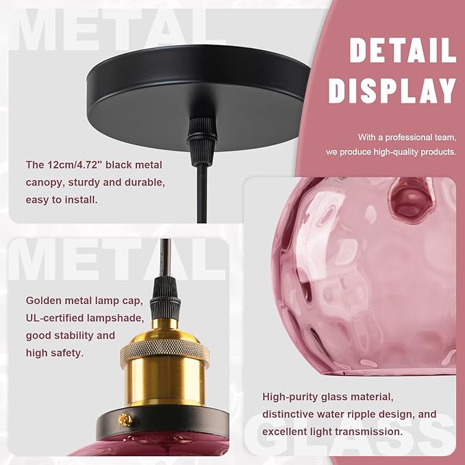 Pink Pendant Light Glass Globe Pendant Lights Kitchen Island Light Fixtures Ceiling Hanging with Hammered Glass Pendant Chandelier Lighting for Dining Room Living Room Girls Bedroom