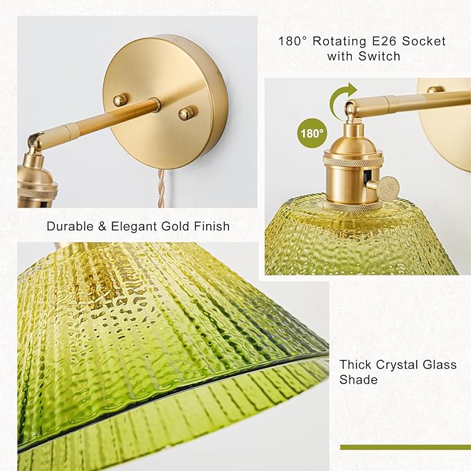 Plug in Wall Sconces Set of 2, Vintage Wall Sconce Light with Gradient Green Glass Lampshade, Bedroom Wall Sconce with Switch and Plug in wall lamp Cord, Gold Wall Light Wall Decor Set of 2