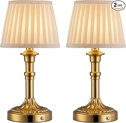 KDG Cordless Portables Table Lamp Set of 2, LED Fabric Shade Small Desk Lamps, 5000mAh Battery Powered Lighting, 2700K Stepless Dimmable Light for Living Room, Dining Room, Bedroom, Bedside (Gold)