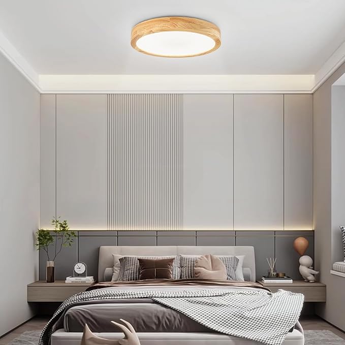 Modern Flush Mount Ceiling Light, LED Ceiling Light for Bedroom, Wood Light Fixture Warm White 4500K Not Dimmable, Round Flat Ceiling Lamp for Hallway, Kid's Room, Living Room, (Wood, 11.8")