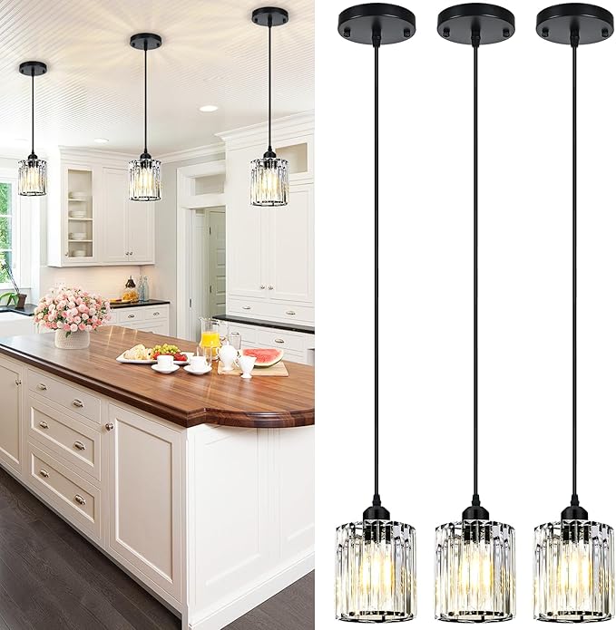 3 Pack Pendant Lights Kitchen Island, Elegant Modern Island Lights for Kitchen with Crystal Glass – Luxury Black Pendant Lights for Kitchen Island, Dining Table, Entryway, Restaurant