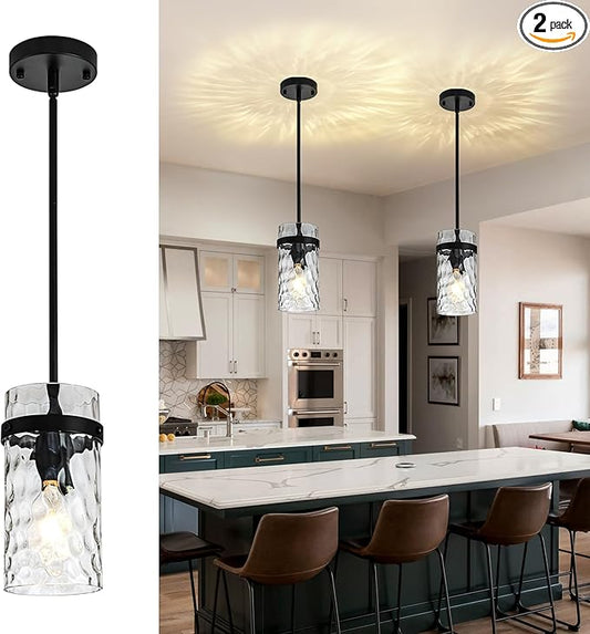 2 Pack Black Pendant Lights Kitchen Island, Hammered Glass Pendant Lighting Over Island, Kitchen Hanging Light Fixtures Pendant Light Over Sink for Kitchen Entryway Foyer Dining Room