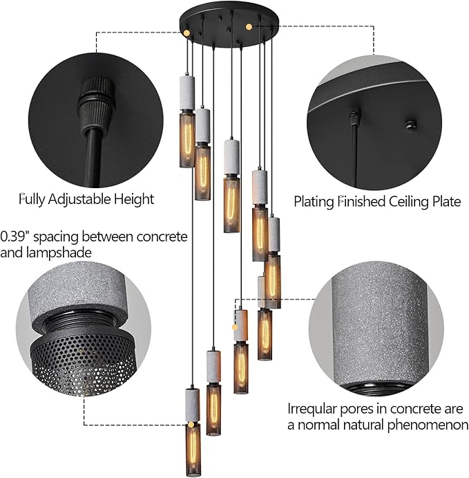 9-Light Concrete Linear Black Pendant Light with a Metal Mesh Shade,Staircase Large Chandelier Lobby Living Room Bedroom Foyer High Ceiling Chandelier