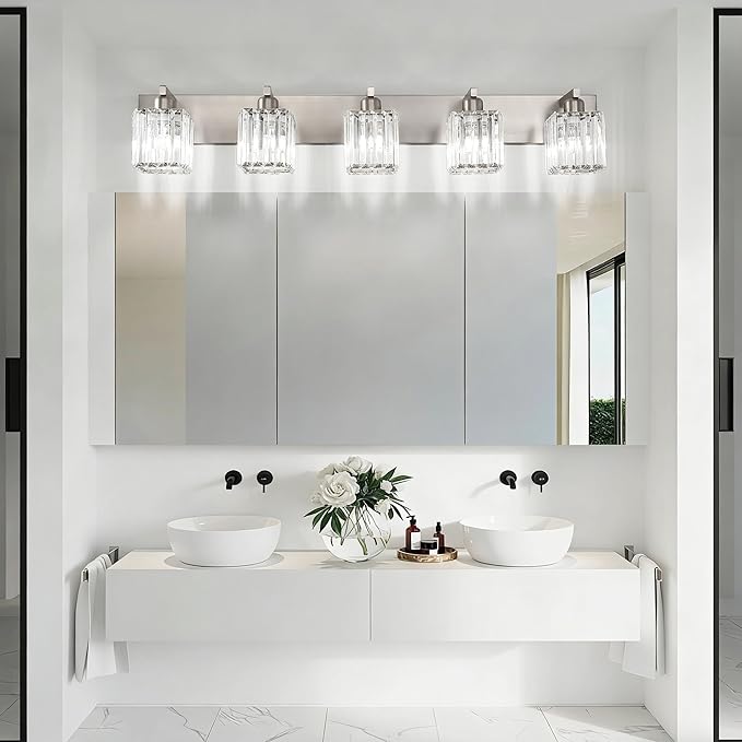 Aipsun Brushed Nickel Bathroom Lighting Fixtures 5 Light Vanity Light Crystal Modern Bathroom Vanity Light (Exclude Bulb)