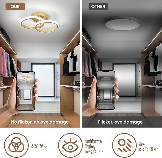 CANEOE Round Modern Led Ceiling Light Fixtures, 6000K Cool White Hallway Light Fixtures Ceiling, Bathroom Close to Ceiling Lights for Corridor Stair Aisle Lamps (Gold, 1 Pack)