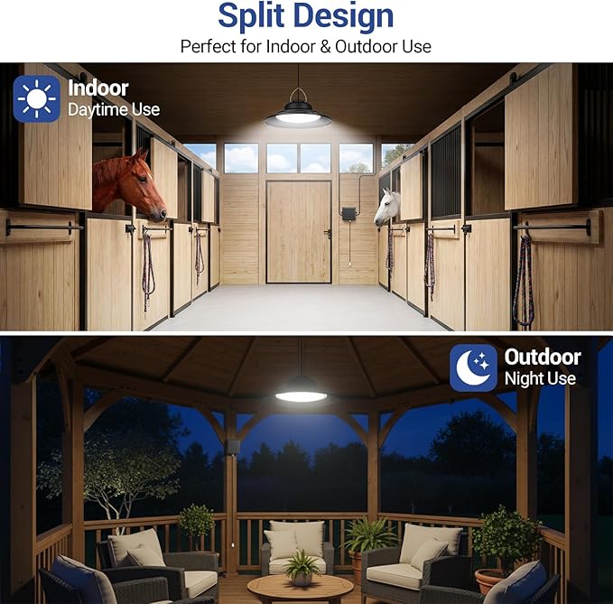 ropelux Solar Powered Shed Light Indoor Outdoor, 2000LM Daytime Available Pendant Light with Pull String, 2 Lighting Modes Solar Lights, IP65 Waterproof for Barn, Gazebo, Shop, Garage, Home (1Pack)