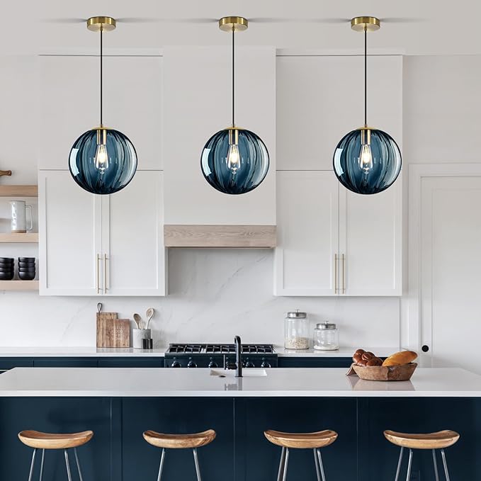 Modern Blue Glass Pendant Light, Kitchen Island Lighting 3-Pack Globe Pendant Light Fixtures Century Kitchen Island Pendant Lighting for Bedroom Living Dining Room Light Fixture (Without Bulb)