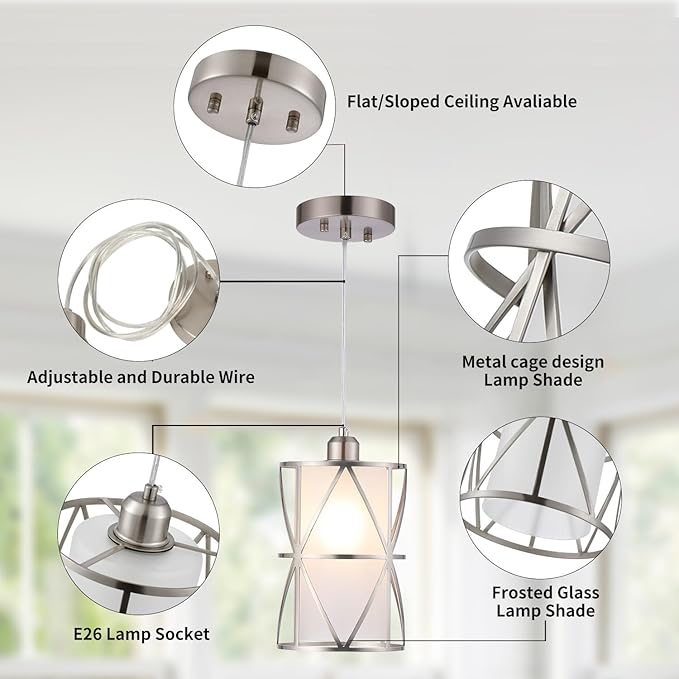Pendant Light with Frosted Glass, Modern Pendant Lights Kitchen Island, Brushed Nickel Pendant Light Fixtures, Cylindrical Pendant Lighting for Kitchen Island, Dining Room, Foyer