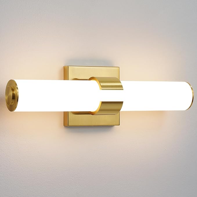 AIJIASI Gold Bathroom Light Fixtures - 16 Inch Modern Vanity Light 15W 5CCT Dimmable LED Bathroom Sconce with Acrylic Shade, Indoor Vanity Lighting Fixtures Over Mirror