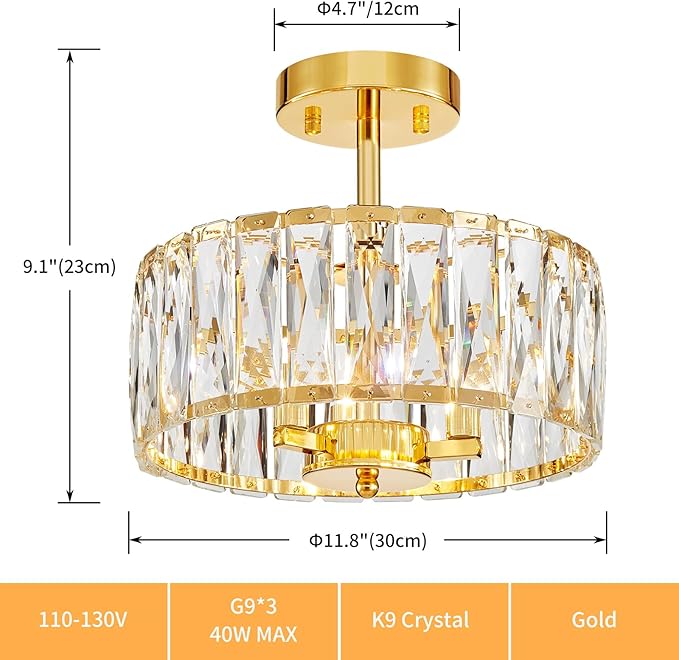 Crystal Ceiling Light, 3-Light Modern Semi-Flushmount Ceiling Light for Living Room, Dinning Room Hallway, D12xH9inch, Gold Finish Frame & K9 Crystal