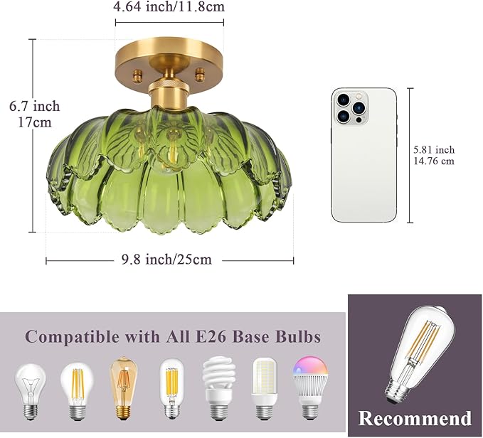 Hallway Lights Fixture Ceiling,Greem Semi Flush Mount Ceiling Lights,9.8" E26 Vintage Light Fixtures for Closet Hallway Kitchen Dining Room