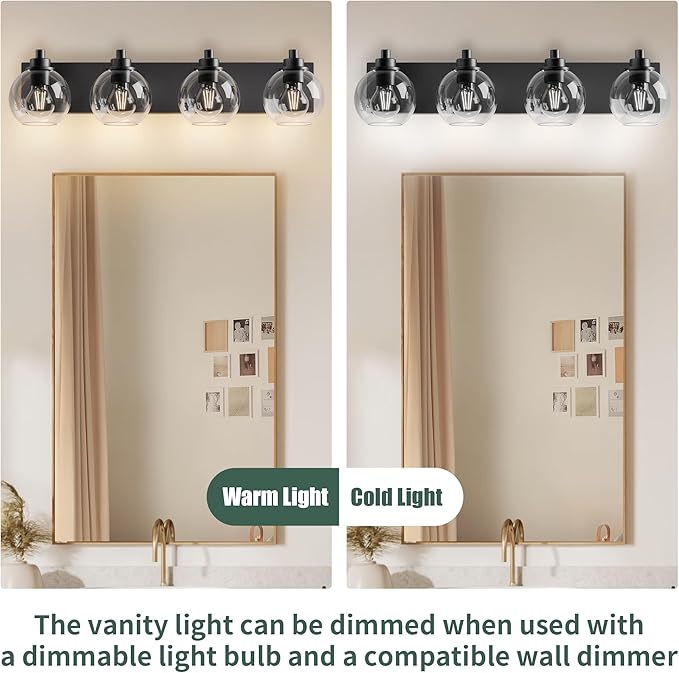 Espird Bathroom Light Fixtures-Matte Black Vanity Lights for Bathroom, Modern Black Vanity Lights 4-Light Bathrooms Lighting Fixtures Over Mirror with Clear Glass Shade