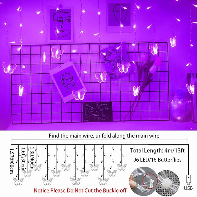 Lainin String Light 13FT 96LED USB Powered Curtain Light 16 Butterflies Strings 8 Mode Fairy Light Strip for Party Indoor Outdoor Room Garden Wall Wedding Christmas Xmas Decorations (Purple)