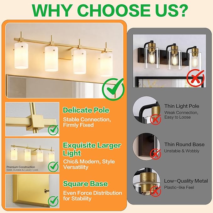 SOLFART Bathroom Light Fixtures, 4 Light Vanity Lights for Bathroom, Gold Wall Light with Milky White Glass for Mirror, Living Room, Hallway, Cabinet, E26 Base (Bulbs Not Included)