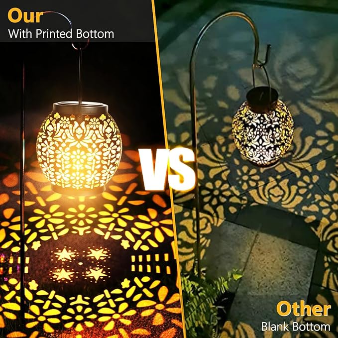 ODEETRONIC 2 Pack Warm White Outdoor Hanging Solar Garden Lanterns with Star Projection, Retro Hollowed-Out LED Lights, Waterproof for Yard Patio Lawn Porch Pathway Garden