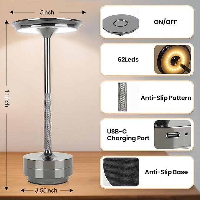 2-Pack Cordless Table Lamp Rechargeable 5000mAh, 3-Color Stepless Dimming Touch Sensor, Portable LED Desk Light for Bedroom, Nightstand, Camping, Patio (2-Pack Pearl Black)