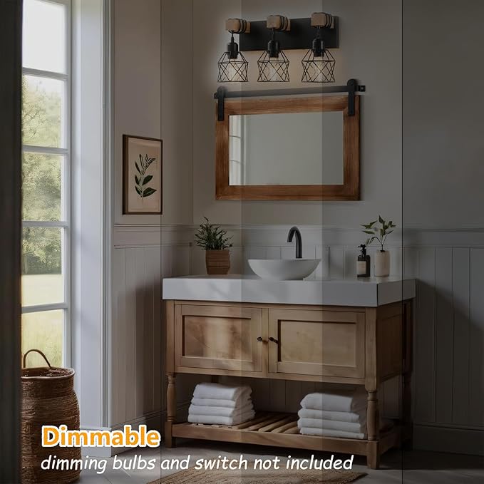 Farmhouse Vanity Light Fixture,3-Light Bathroom Lighting,Black Industrial Wood Wall Light Over Mirror with Metal Shade,Bulbs NOT Included