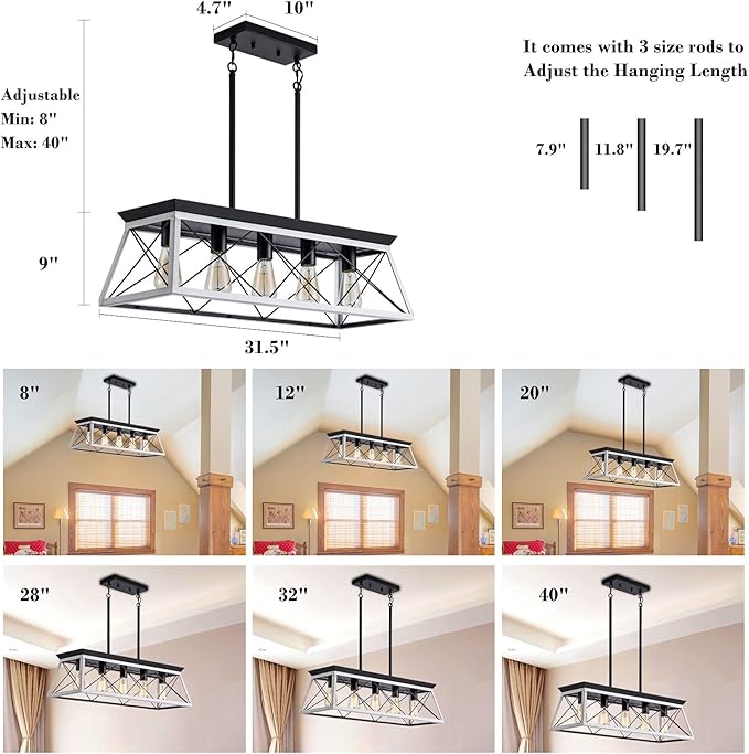 5-Light Pendant Lights Fixture, Farmhouse Chandeliers for Dining Room, Rustic Island Lights for Kitchen, Rectangular Chandelier Rustic Farmhouse Light Fxiture