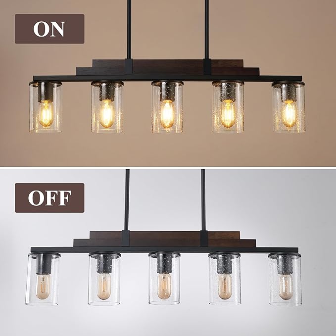 Farmhouse Wood Kitchen Island Lighting, 5-Light Adjustable Chandelier for Dining Room, Seeded Glass Shade Dining Room Light Fixture Over Table, Black Hanging Pendant Lights for Kitchen, Pool Table