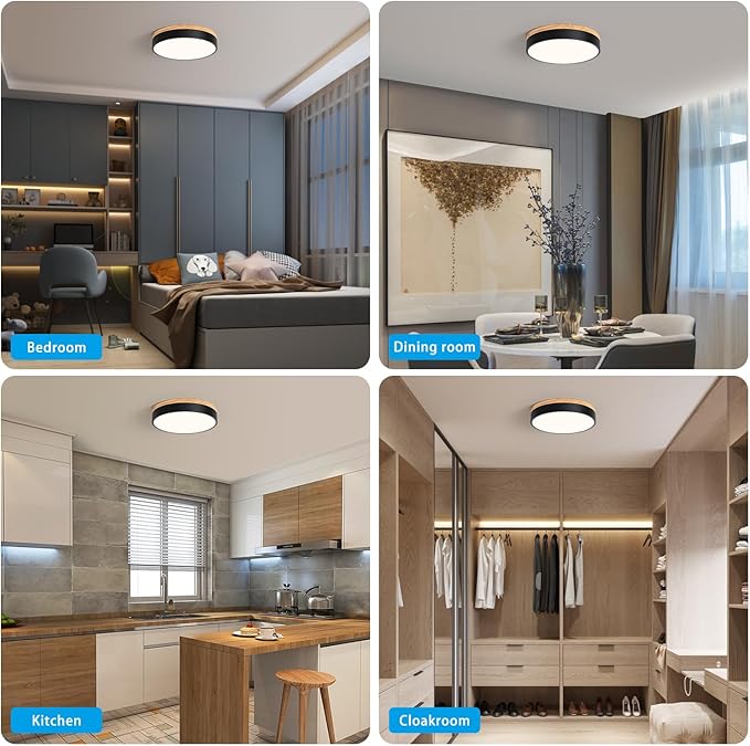 WOKNOS Modern Wood Oak Black Flush Mount Ceiling Light Dimmable LED Ceiling Light Fixture 2700K-6000K 5CCT Minimalist Circle Close to Lighting Lamp for Kitchen Bathroom Bedroom Laundry Room, 11.8''