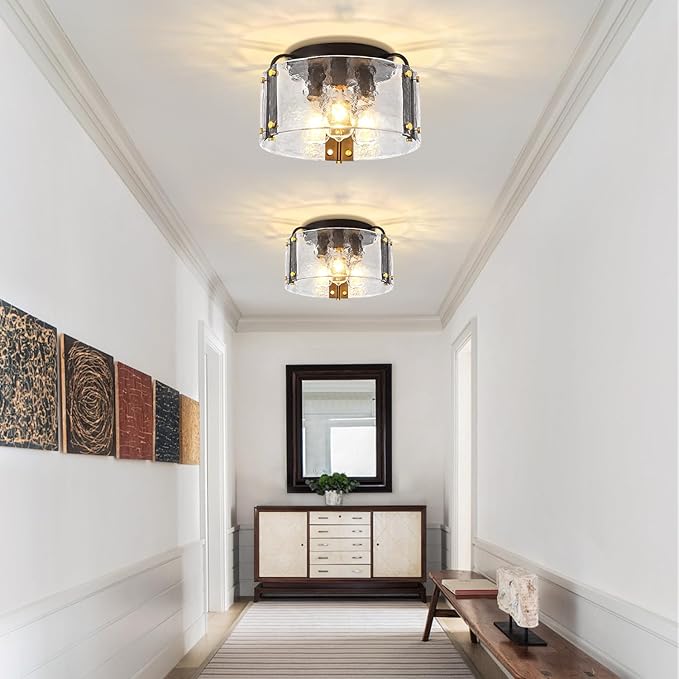 TOULMJ 15'' Black Semi Flush Mount Ceiling Light, 3-Light Modern Entryway Light Fixtures Hammered Glass Kitchen Lighting Fixtures Hallway Ceiling Lights for Bathroom Bedroom Foyer Laundry Dining Room