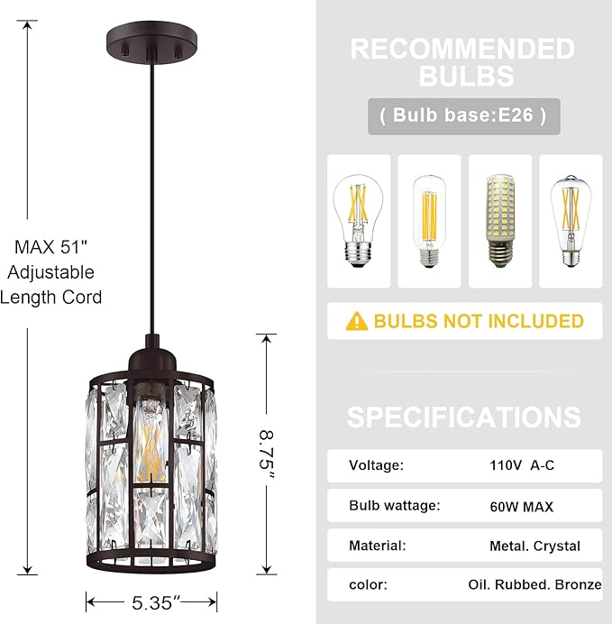 3 Pack 1 Light 5.4" Crystal Shade Hanging Kitchen Island Pendant Light Black Finish,Modern Pendant Fixture with Crystal Metal Shade for Bar,Dining Room,Living Room Over Sink
