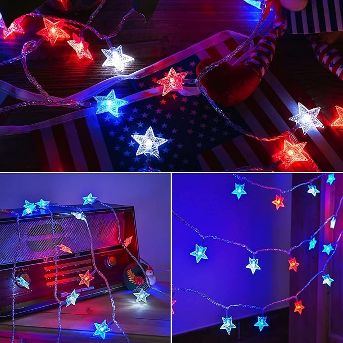 ITICdecor 4th of July Decor Red White Blue Stars String Lights, 15 FT 30 LED Fairy Lights Battery Operated Indoor&Outdoor Star Lights for Independence Day President Day Memorial Day